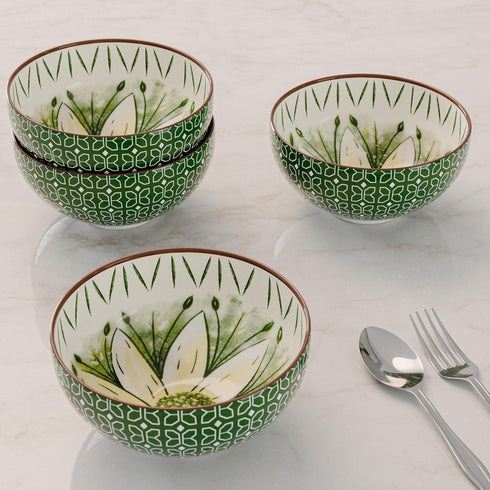 Green Flower Printed Bowl Set of 4, 330 ML
